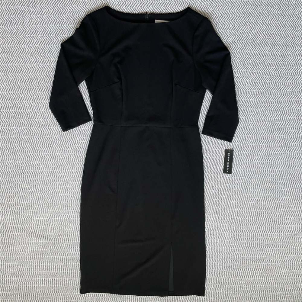 Donna Morgan NWT Classic Black 3/4 Sleeve Midi Dress sz 12 with front slit